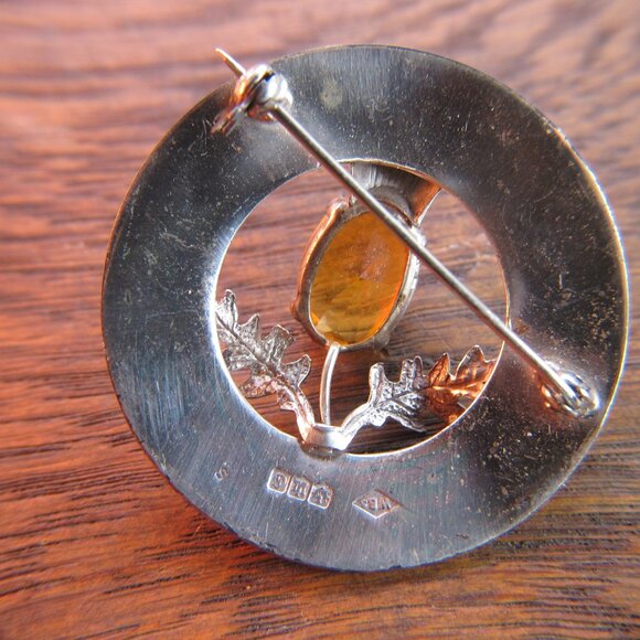 Antique 1917 Ward Brothers 925 Silver Thistle brooch w/ faceted citrine stone - Picture 7 of 9